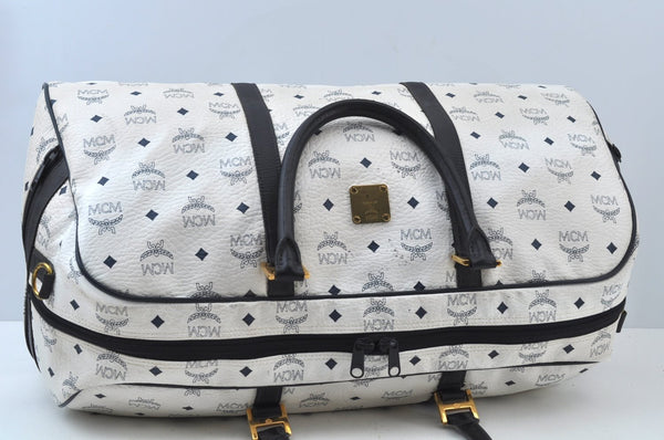 Authentic MCM Leather Travel Boston Bag White Navy K9853