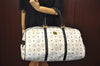 Authentic MCM Leather Travel Boston Bag White Navy K9853