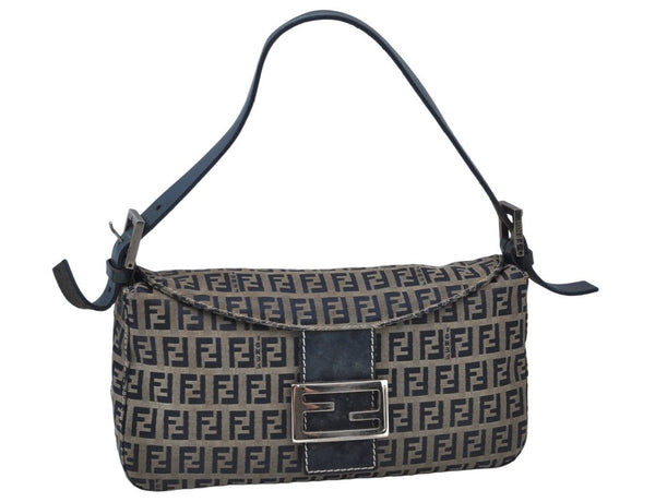 Authentic FENDI Zucchino Shoulder Bag Canvas Leather Navy Blue K9864