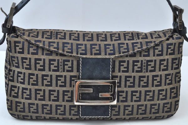 Authentic FENDI Zucchino Shoulder Bag Canvas Leather Navy Blue K9864