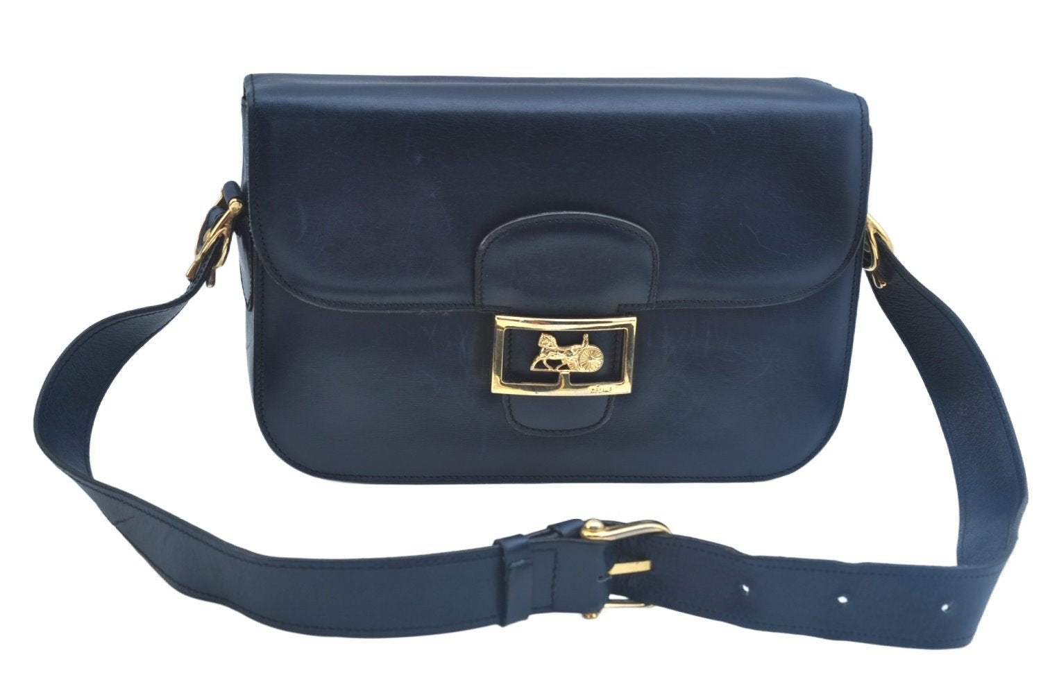 Authentic CELINE Horse Carriage Shoulder Cross Body Bag Leather Navy Blue K9871