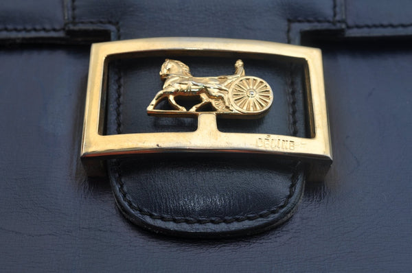 Authentic CELINE Horse Carriage Shoulder Cross Body Bag Leather Navy Blue K9871