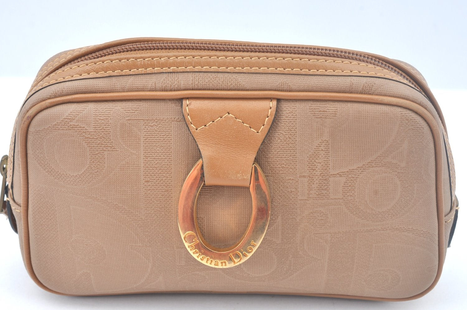 Authentic Christian Dior Trotter Pouch Purse PVC Leather Beige K9876