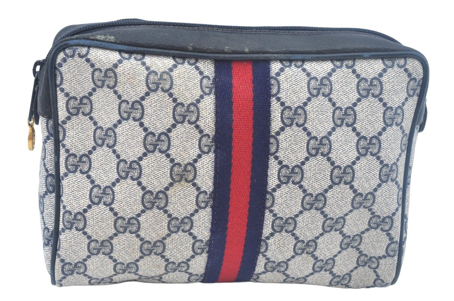 Authentic GUCCI Sherry Line Clutch Hand Bag Purse GG PVC Leather Navy Blue K9877