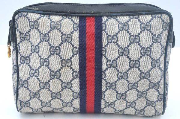 Authentic GUCCI Sherry Line Clutch Hand Bag Purse GG PVC Leather Navy Blue K9877