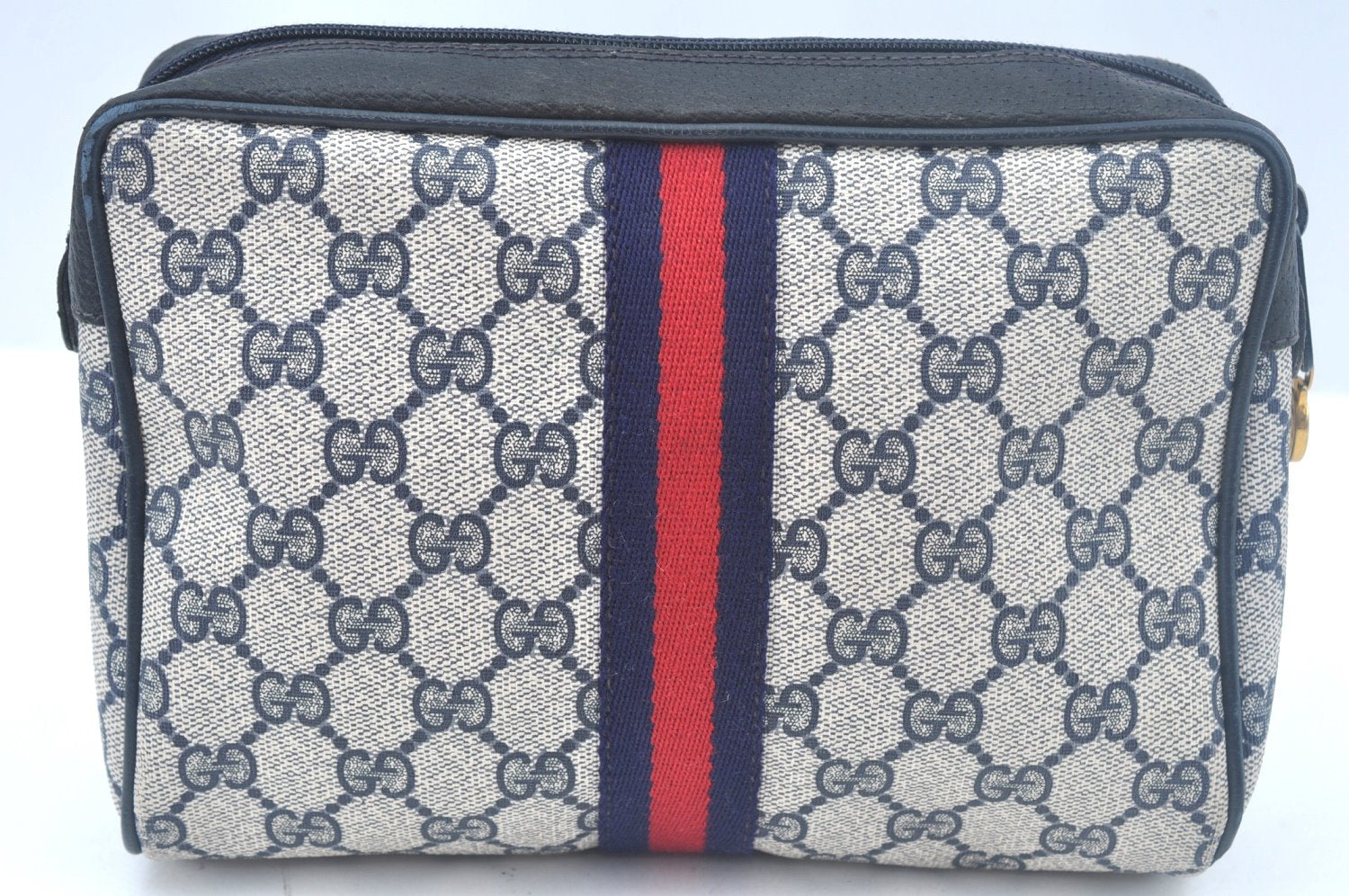 Authentic GUCCI Sherry Line Clutch Hand Bag Purse GG PVC Leather Navy Blue K9877