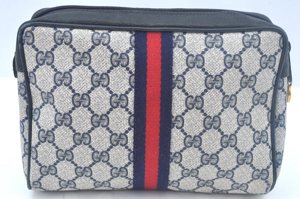 Authentic GUCCI Sherry Line Clutch Hand Bag Purse GG PVC Leather Navy Blue K9877