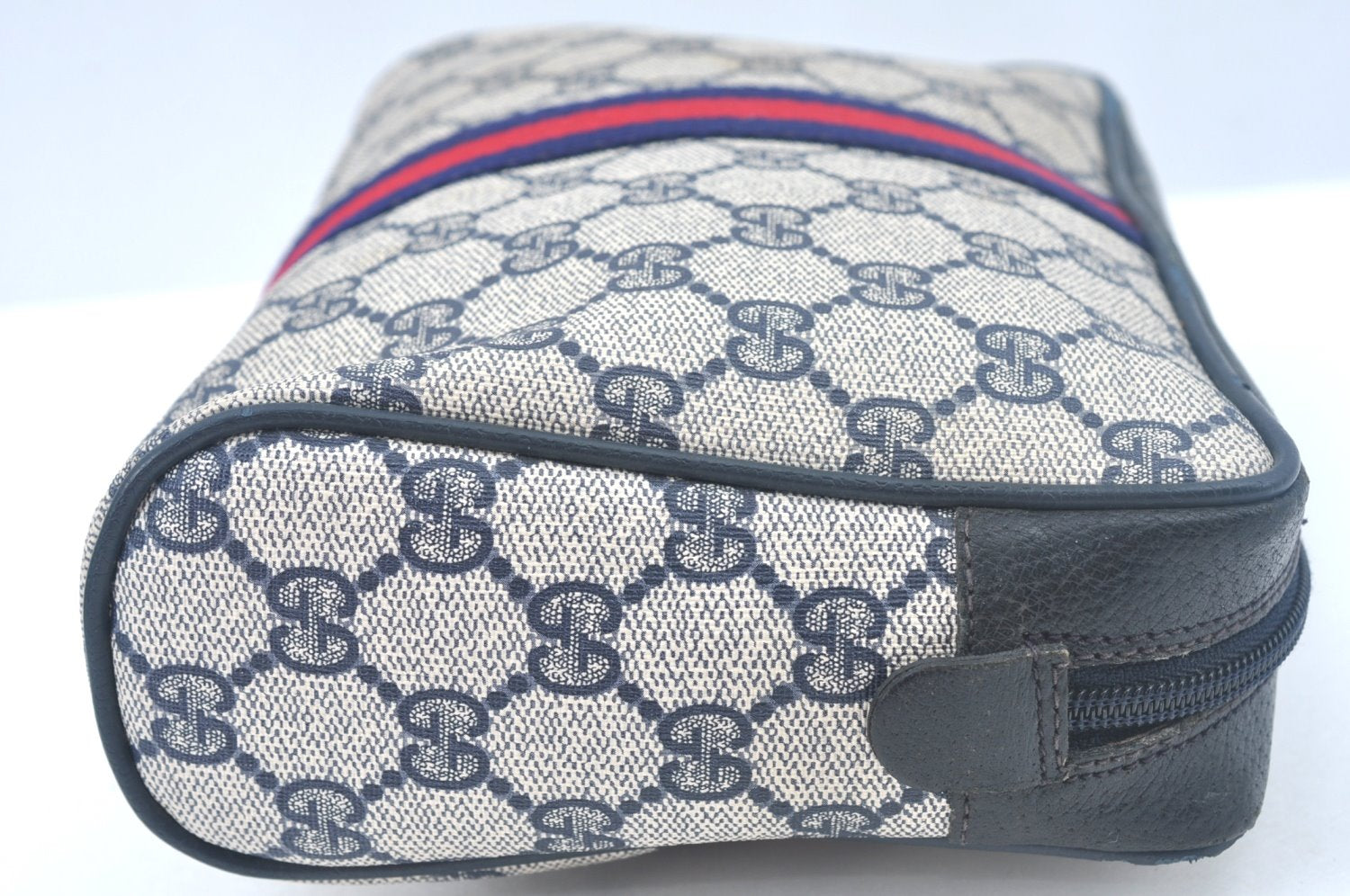 Authentic GUCCI Sherry Line Clutch Hand Bag Purse GG PVC Leather Navy Blue K9877