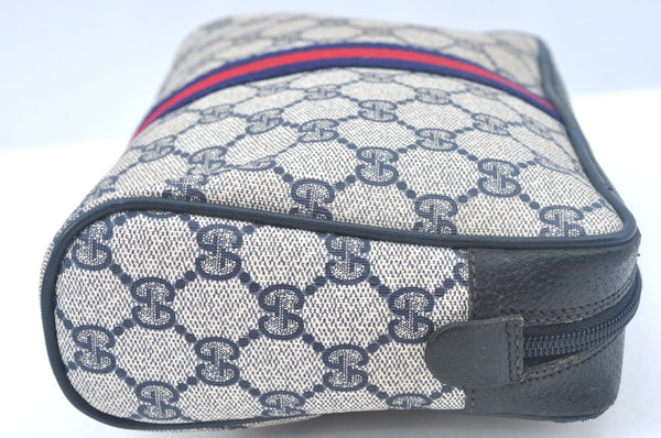 Authentic GUCCI Sherry Line Clutch Hand Bag Purse GG PVC Leather Navy Blue K9877