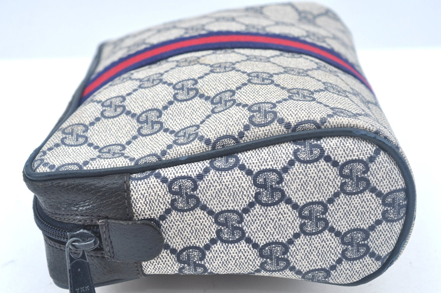 Authentic GUCCI Sherry Line Clutch Hand Bag Purse GG PVC Leather Navy Blue K9877
