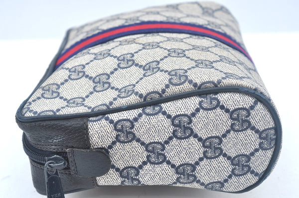 Authentic GUCCI Sherry Line Clutch Hand Bag Purse GG PVC Leather Navy Blue K9877