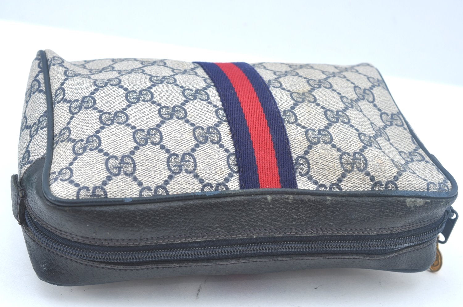 Authentic GUCCI Sherry Line Clutch Hand Bag Purse GG PVC Leather Navy Blue K9877