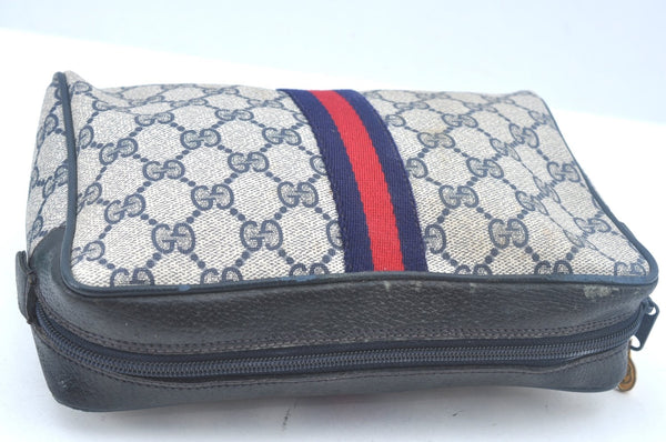 Authentic GUCCI Sherry Line Clutch Hand Bag Purse GG PVC Leather Navy Blue K9877