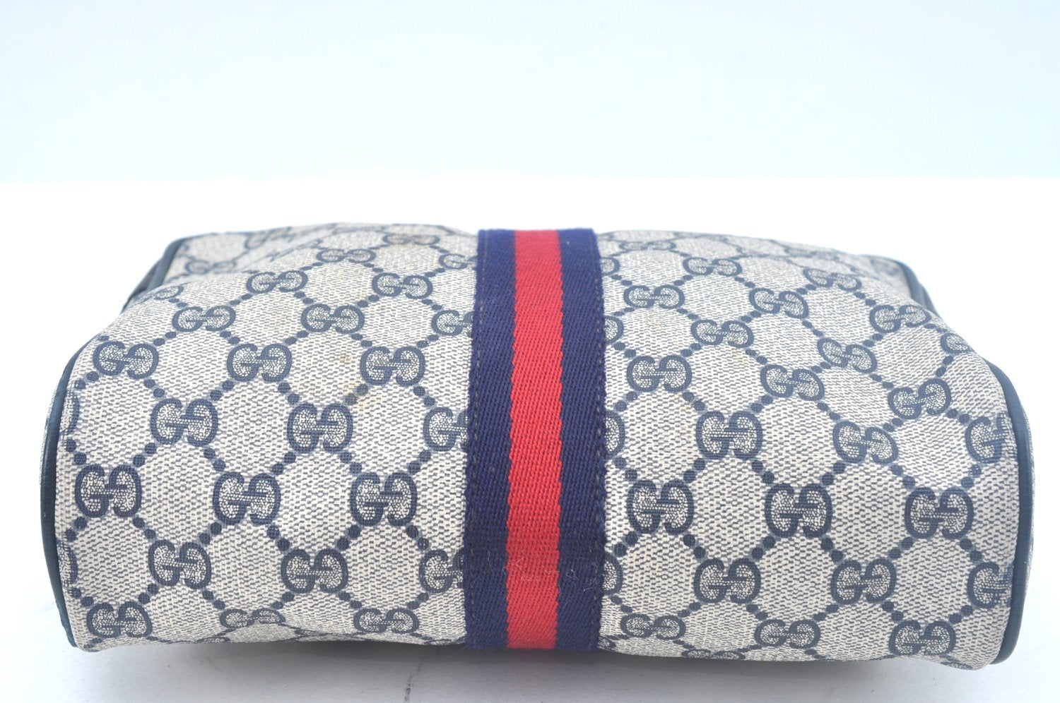 Authentic GUCCI Sherry Line Clutch Hand Bag Purse GG PVC Leather Navy Blue K9877