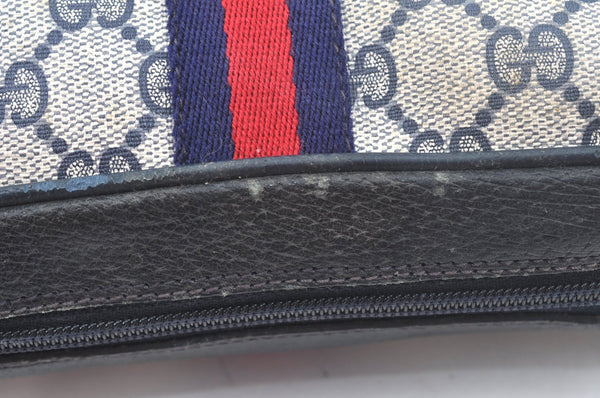 Authentic GUCCI Sherry Line Clutch Hand Bag Purse GG PVC Leather Navy Blue K9877