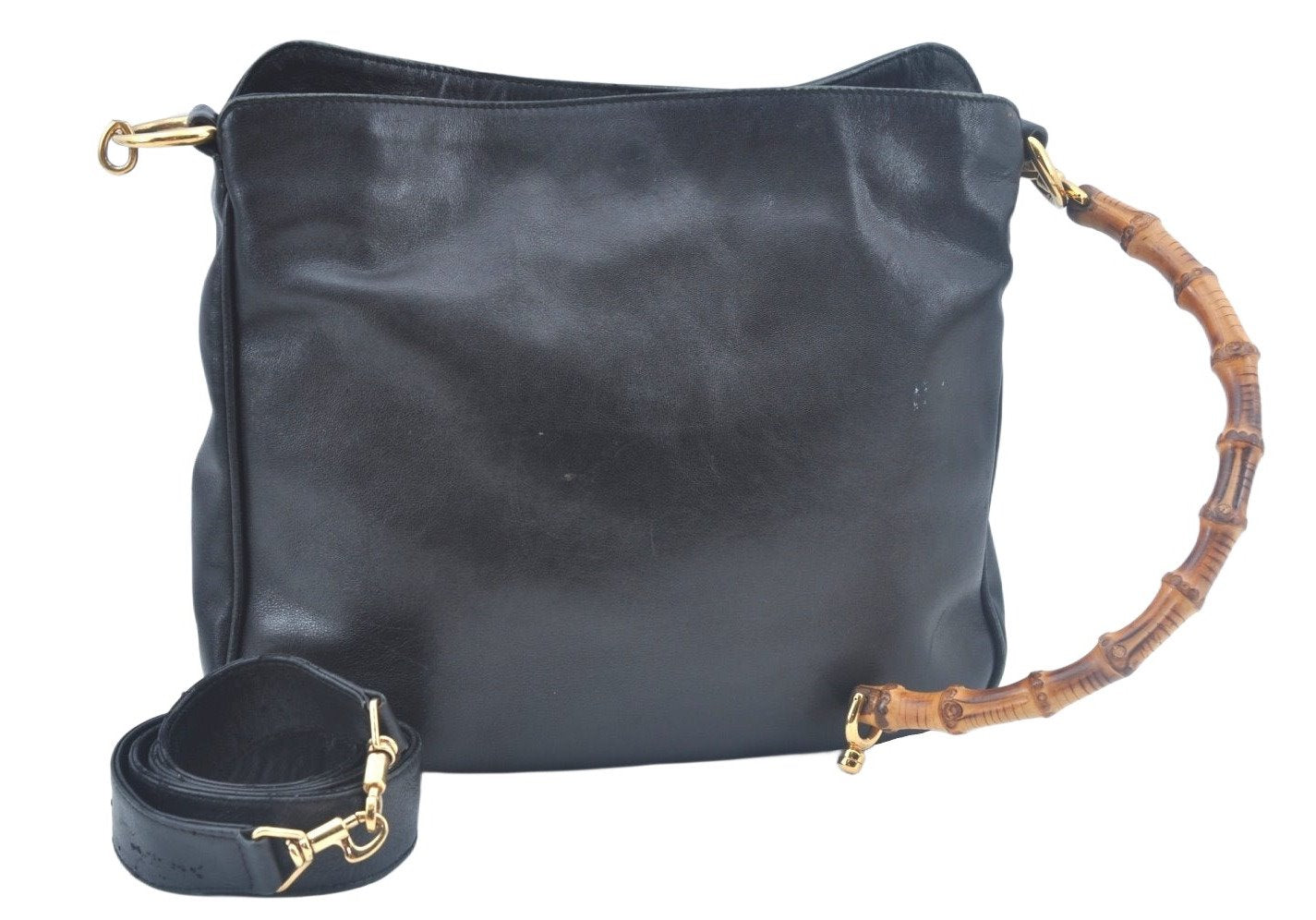 Authentic GUCCI Bamboo 2way Hand Shoulder Bag Leather Black Junk K9879