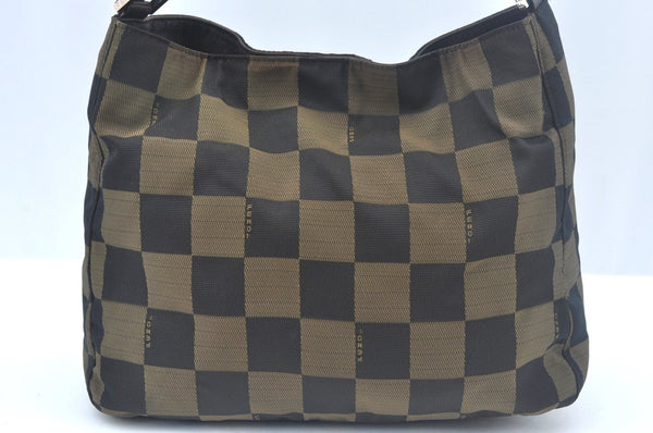 Authentic FENDI Vitange Pequin Check Shoulder Bag Nylon Leather Brown K9895