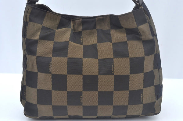 Authentic FENDI Vitange Pequin Check Shoulder Bag Nylon Leather Brown K9895