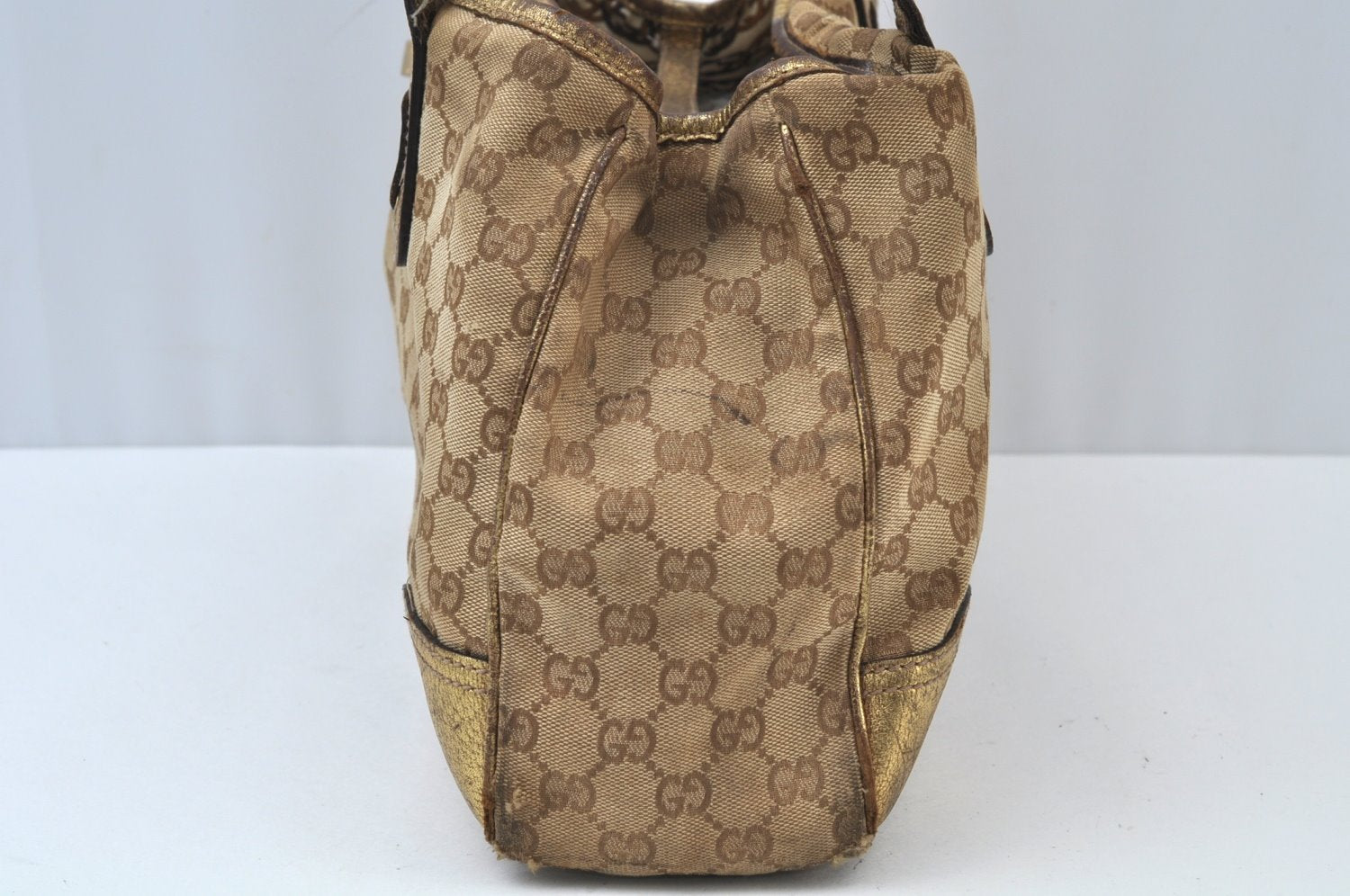 Auth GUCCI Sherry Line Princy Ribbon Tote Bag GG Canvas 163805 Brown Gold K9902