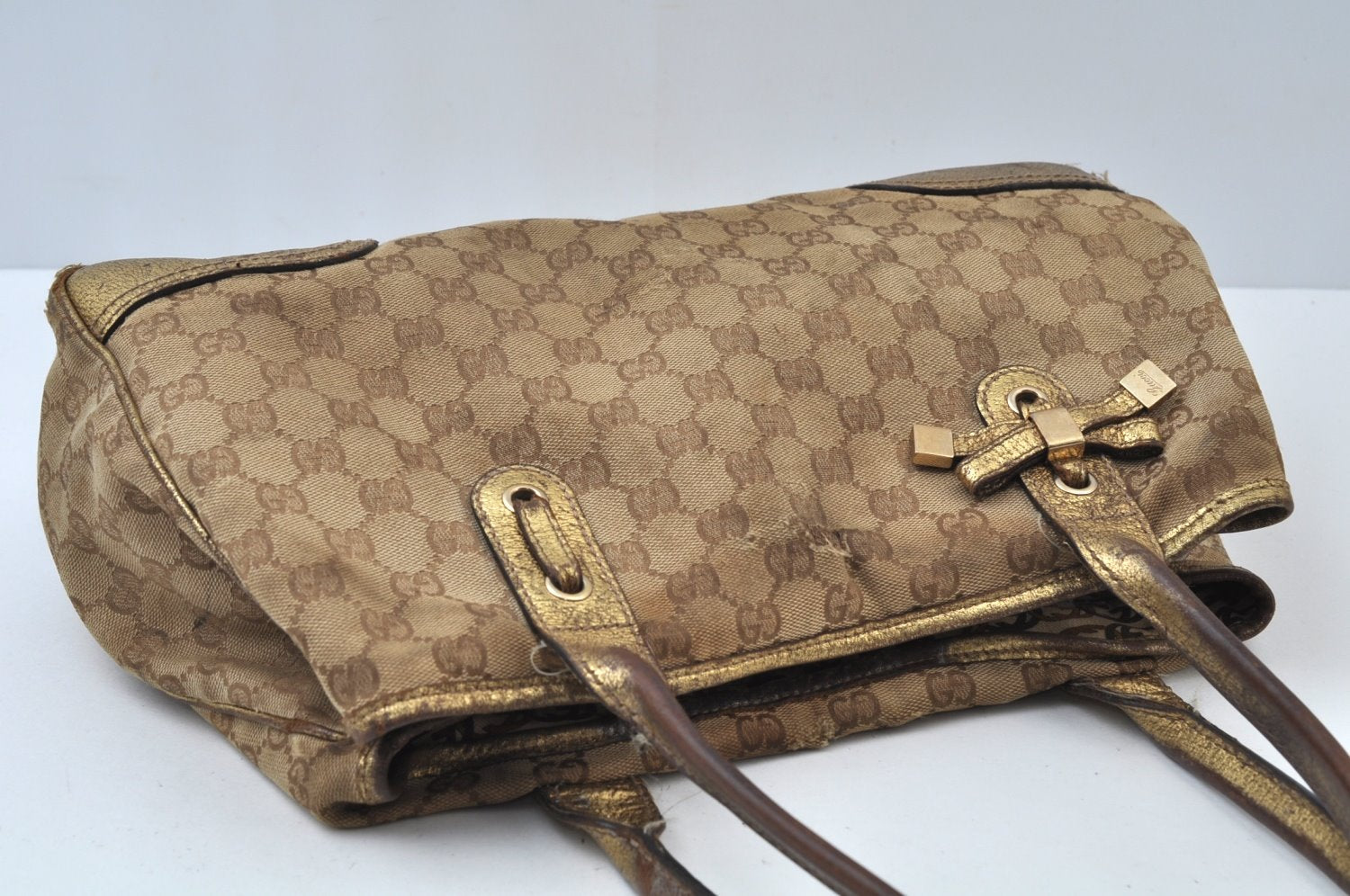 Auth GUCCI Sherry Line Princy Ribbon Tote Bag GG Canvas 163805 Brown Gold K9902