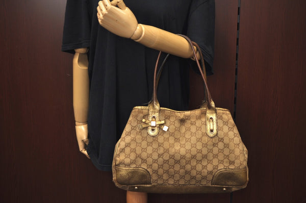 Auth GUCCI Sherry Line Princy Ribbon Tote Bag GG Canvas 163805 Brown Gold K9902