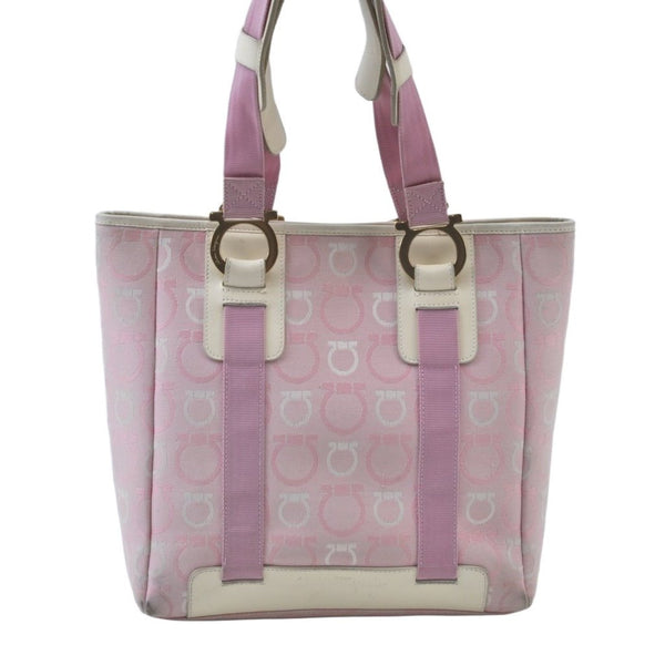 Authentic Salvatore Ferragamo Gancini Canvas Shoulder Tote Bag Pink K9904