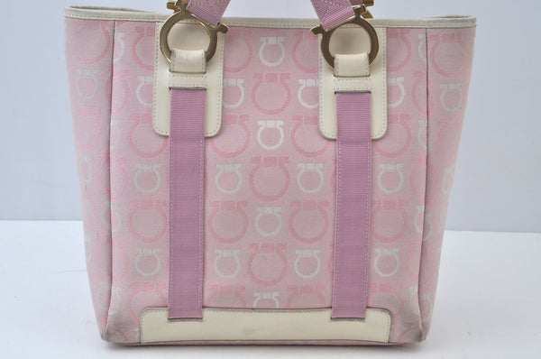 Authentic Salvatore Ferragamo Gancini Canvas Shoulder Tote Bag Pink K9904