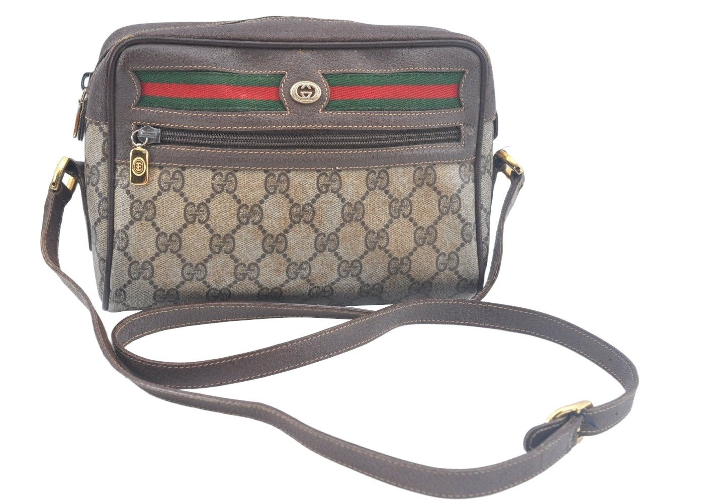 Authentic GUCCI Web Sherry Line Shoulder Cross Bag GG PVC Leather Brown K9913