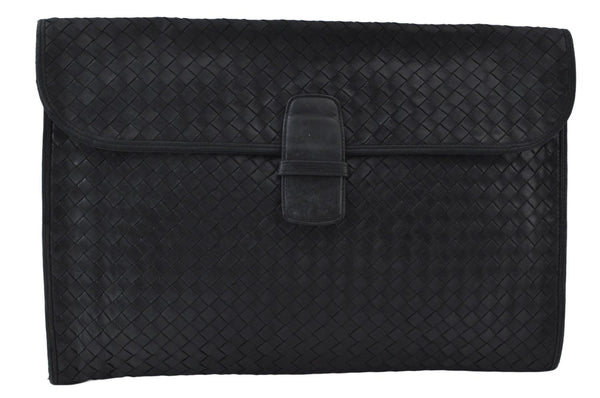 Authentic BOTTEGA VENETA Intrecciato Clutch Hand Bag Leather Black K9914