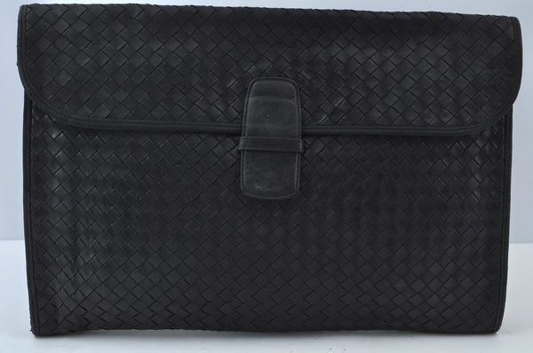 Authentic BOTTEGA VENETA Intrecciato Clutch Hand Bag Leather Black K9914