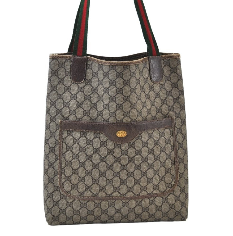 Authentic GUCCI Web Sherry Line Shoulder Tote Bag GG PVC Leather Brown K9932