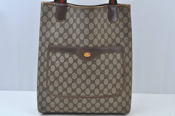 Authentic GUCCI Web Sherry Line Shoulder Tote Bag GG PVC Leather Brown K9932