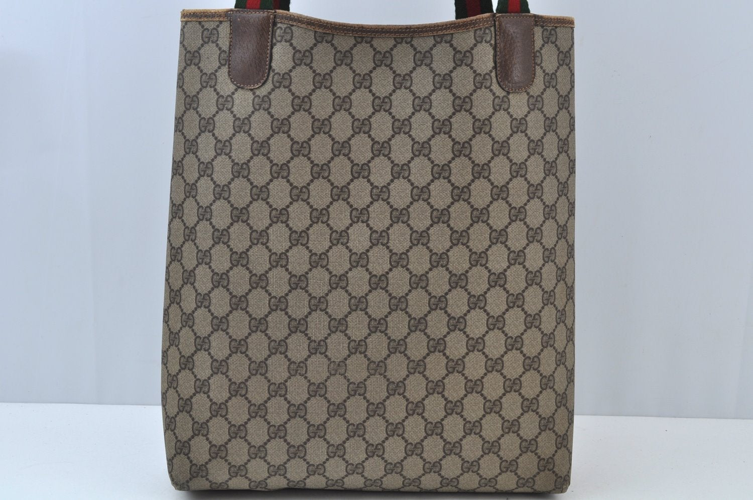 Authentic GUCCI Web Sherry Line Shoulder Tote Bag GG PVC Leather Brown K9932