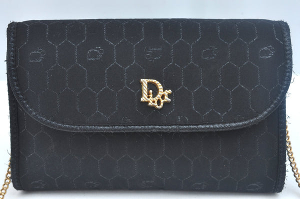 Authentic Christian Dior Honeycomb Chain Shoulder Cross Bag Canvas Black K9944