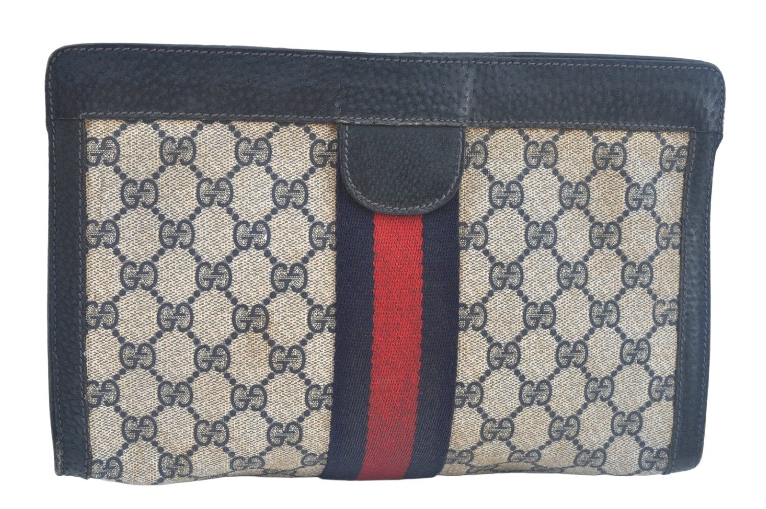 Authentic GUCCI Sherry Line Clutch Hand Bag Purse GG PVC Leather Navy Blue K9948