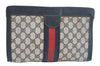 Authentic GUCCI Sherry Line Clutch Hand Bag Purse GG PVC Leather Navy Blue K9948