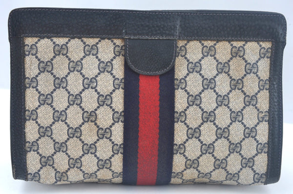 Authentic GUCCI Sherry Line Clutch Hand Bag Purse GG PVC Leather Navy Blue K9948