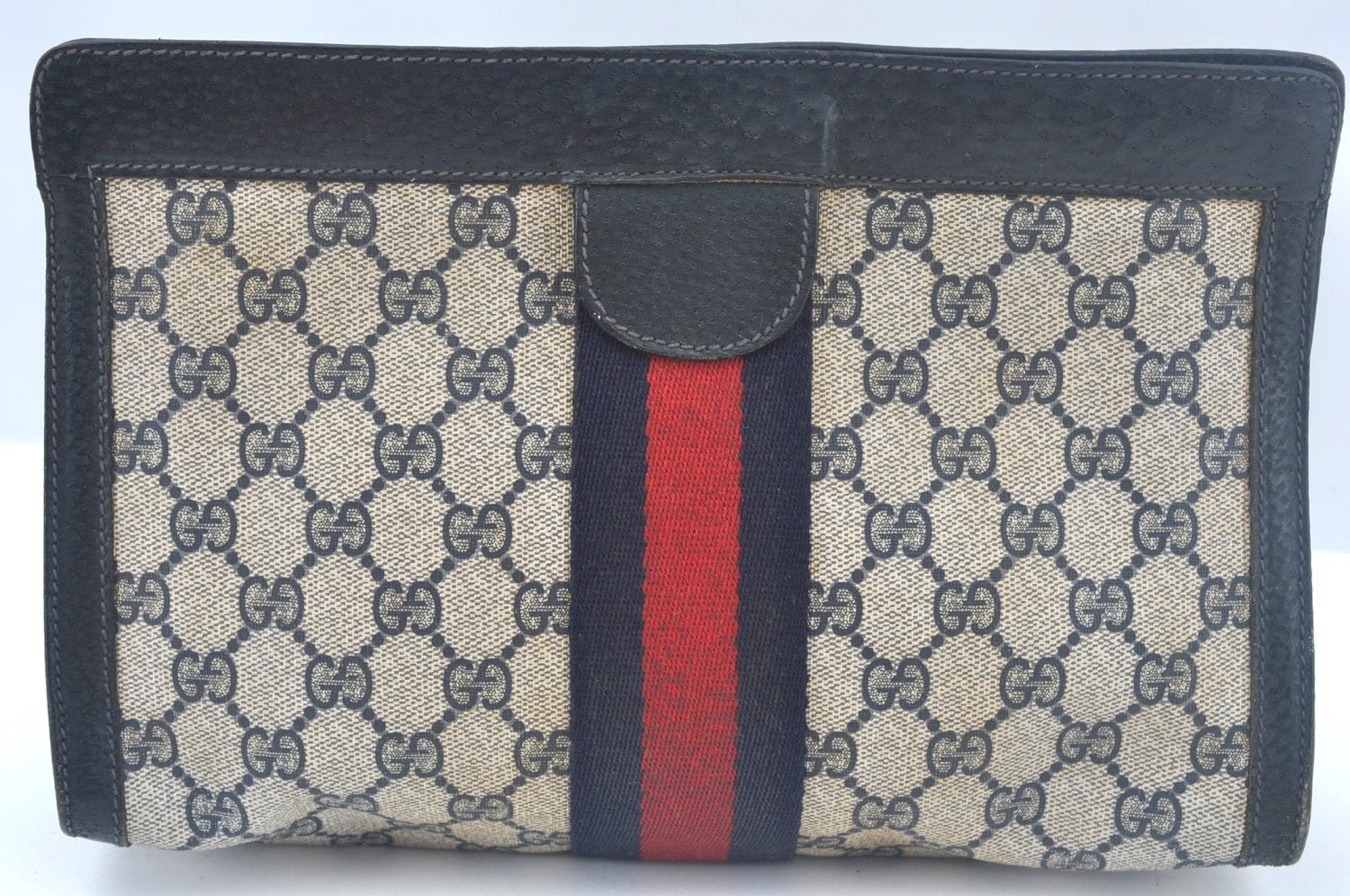 Authentic GUCCI Sherry Line Clutch Hand Bag Purse GG PVC Leather Navy Blue K9948