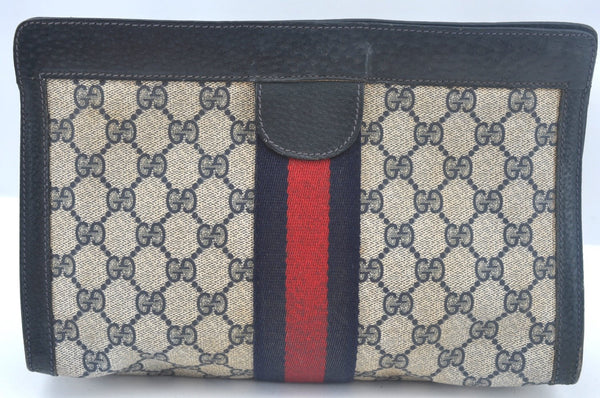 Authentic GUCCI Sherry Line Clutch Hand Bag Purse GG PVC Leather Navy Blue K9948