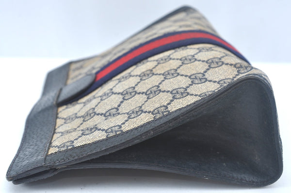 Authentic GUCCI Sherry Line Clutch Hand Bag Purse GG PVC Leather Navy Blue K9948