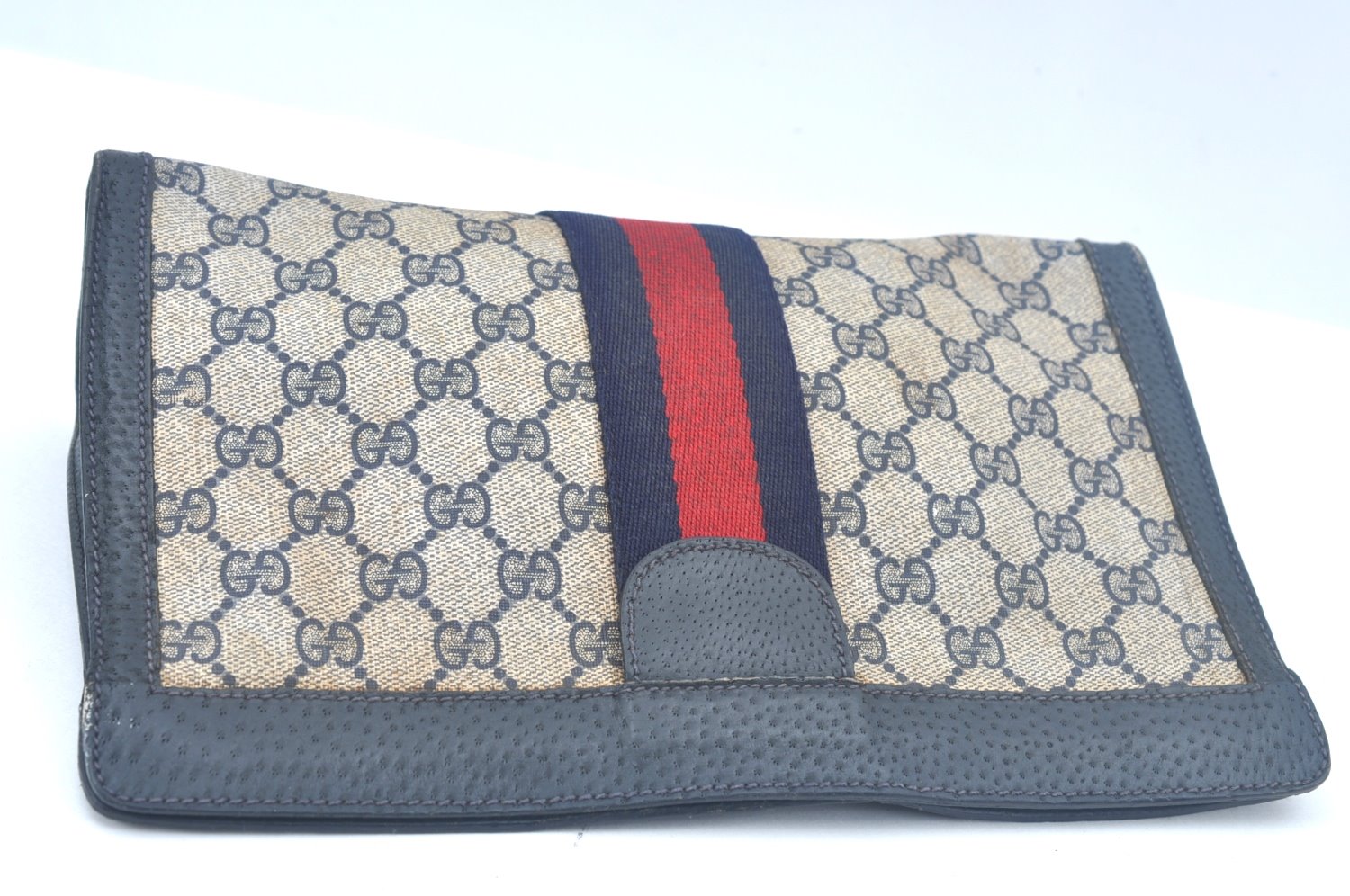 Authentic GUCCI Sherry Line Clutch Hand Bag Purse GG PVC Leather Navy Blue K9948