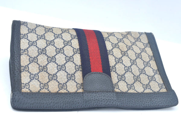 Authentic GUCCI Sherry Line Clutch Hand Bag Purse GG PVC Leather Navy Blue K9948