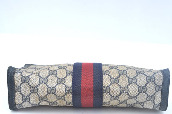 Authentic GUCCI Sherry Line Clutch Hand Bag Purse GG PVC Leather Navy Blue K9948