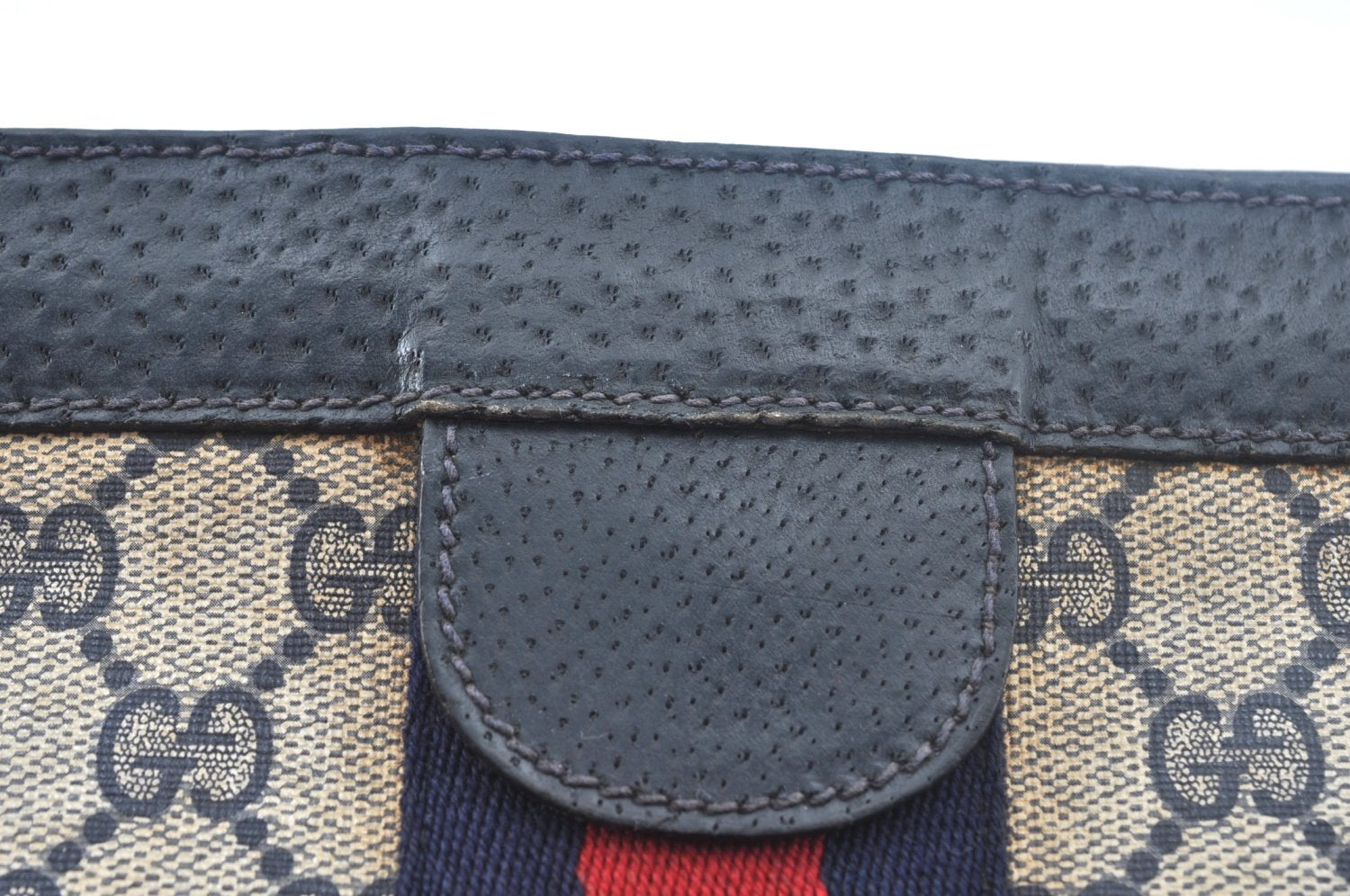 Authentic GUCCI Sherry Line Clutch Hand Bag Purse GG PVC Leather Navy Blue K9948
