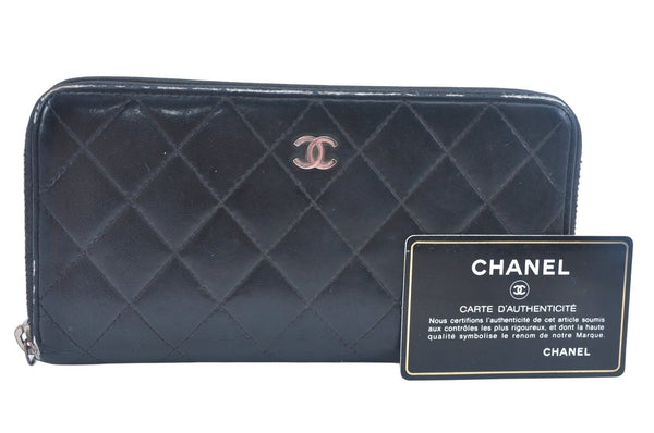 Authentic CHANEL Calf Skin Long Wallet Black CC Logo Junk K9952