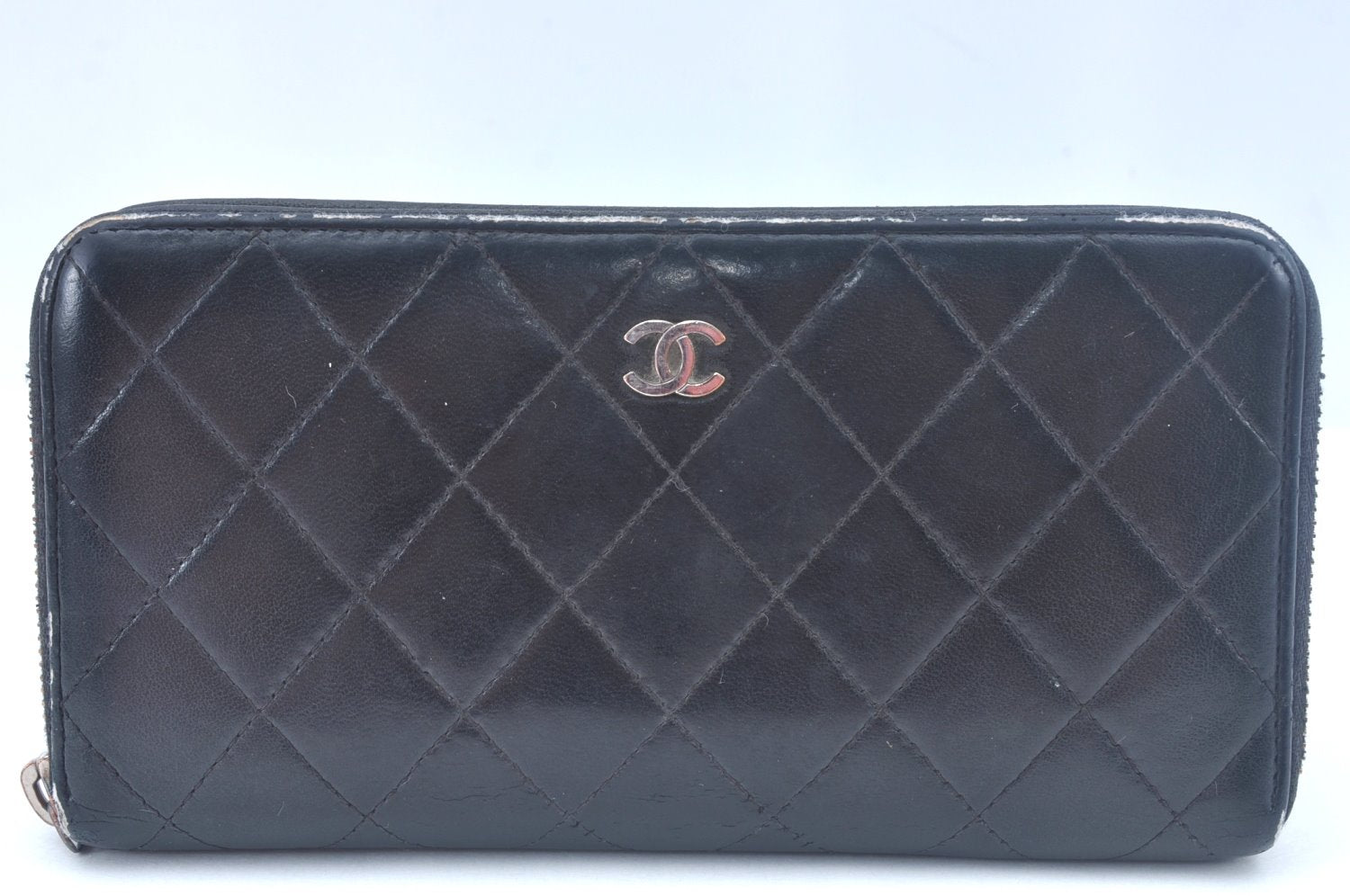Authentic CHANEL Calf Skin Long Wallet Black CC Logo Junk K9952