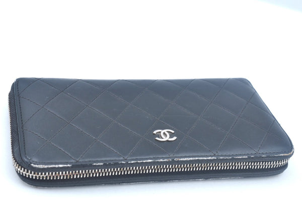 Authentic CHANEL Calf Skin Long Wallet Black CC Logo Junk K9952