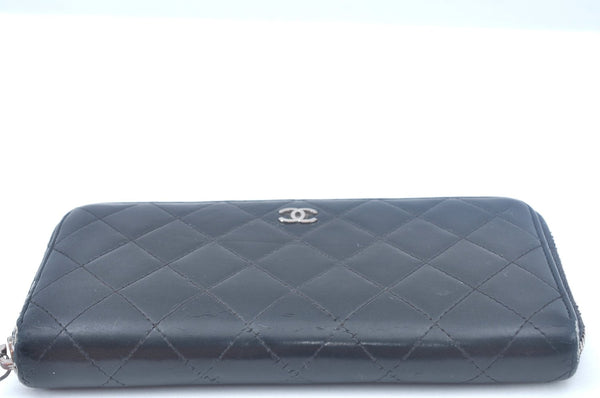 Authentic CHANEL Calf Skin Long Wallet Black CC Logo Junk K9952