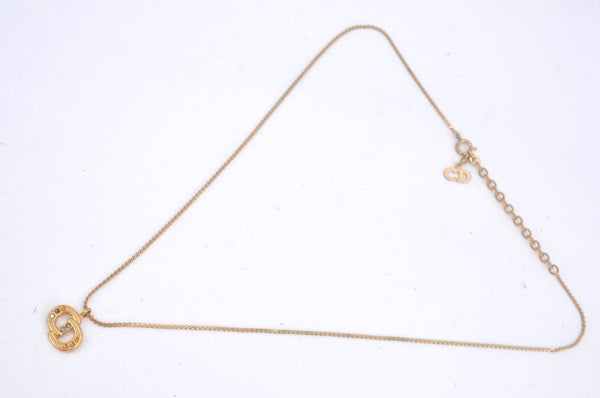 Authentic Christian Dior Gold Tone Chain Pendant Necklace Rhinestone CD K9972