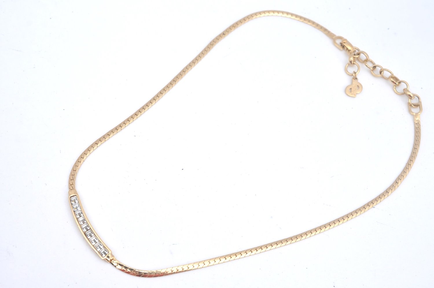 Authentic Christian Dior Gold Tone Chain Pendant Rhinestone Necklace CD K9973